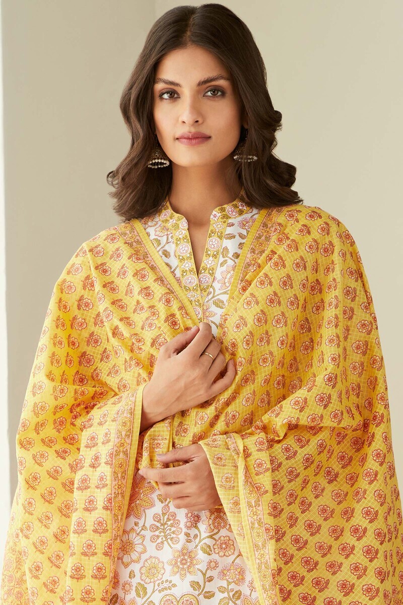 Yellow Hand Printed Kota Dupatta