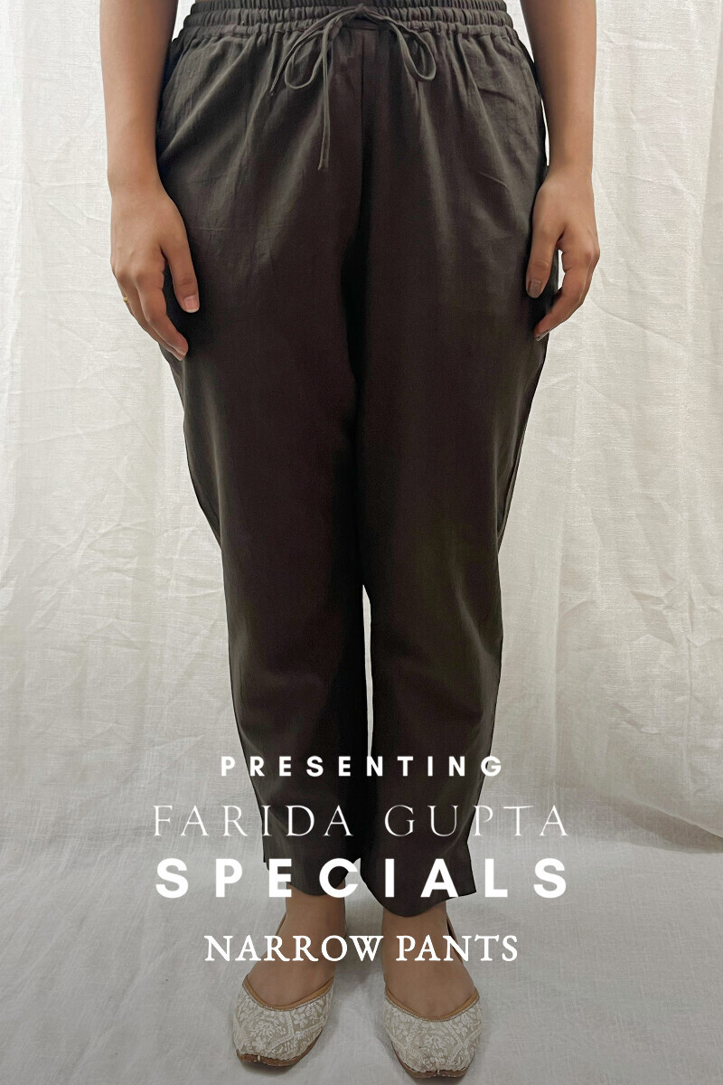 Brown Handcrafted Cotton Flax Narrow Pants