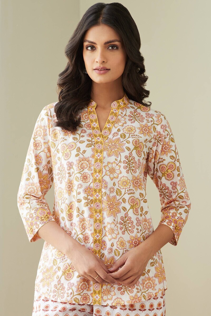 White Hand Printed Cotton Loungewear Set