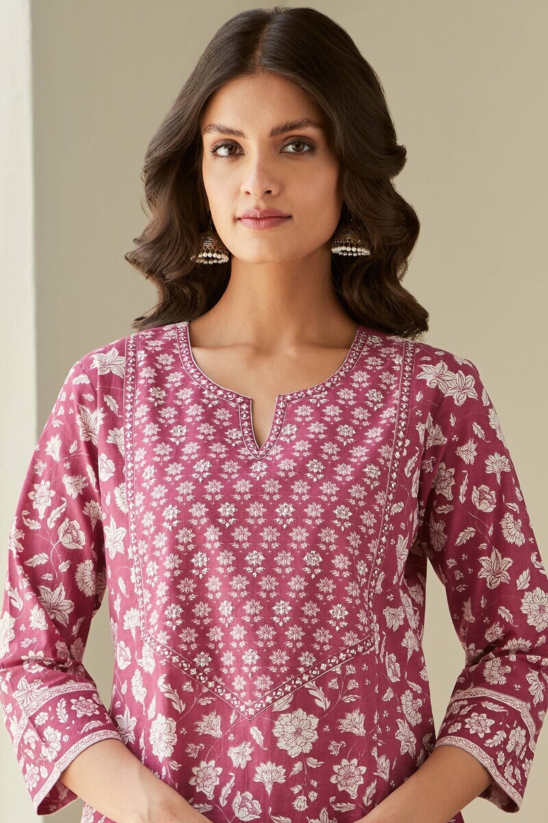 Pink Hand Printed Straight Cotton Kurta