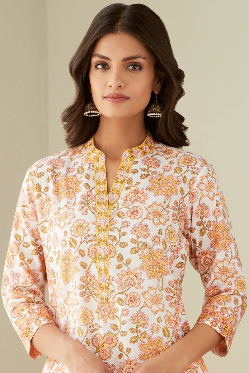White Hand Printed Straight Cotton Kurta