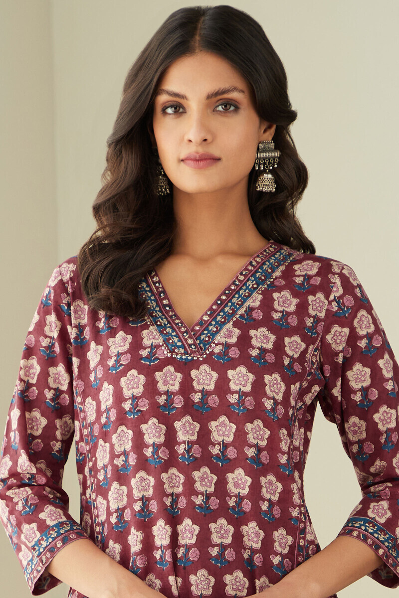 Maroon Hand Block-Printed Straight Cotton Kurta