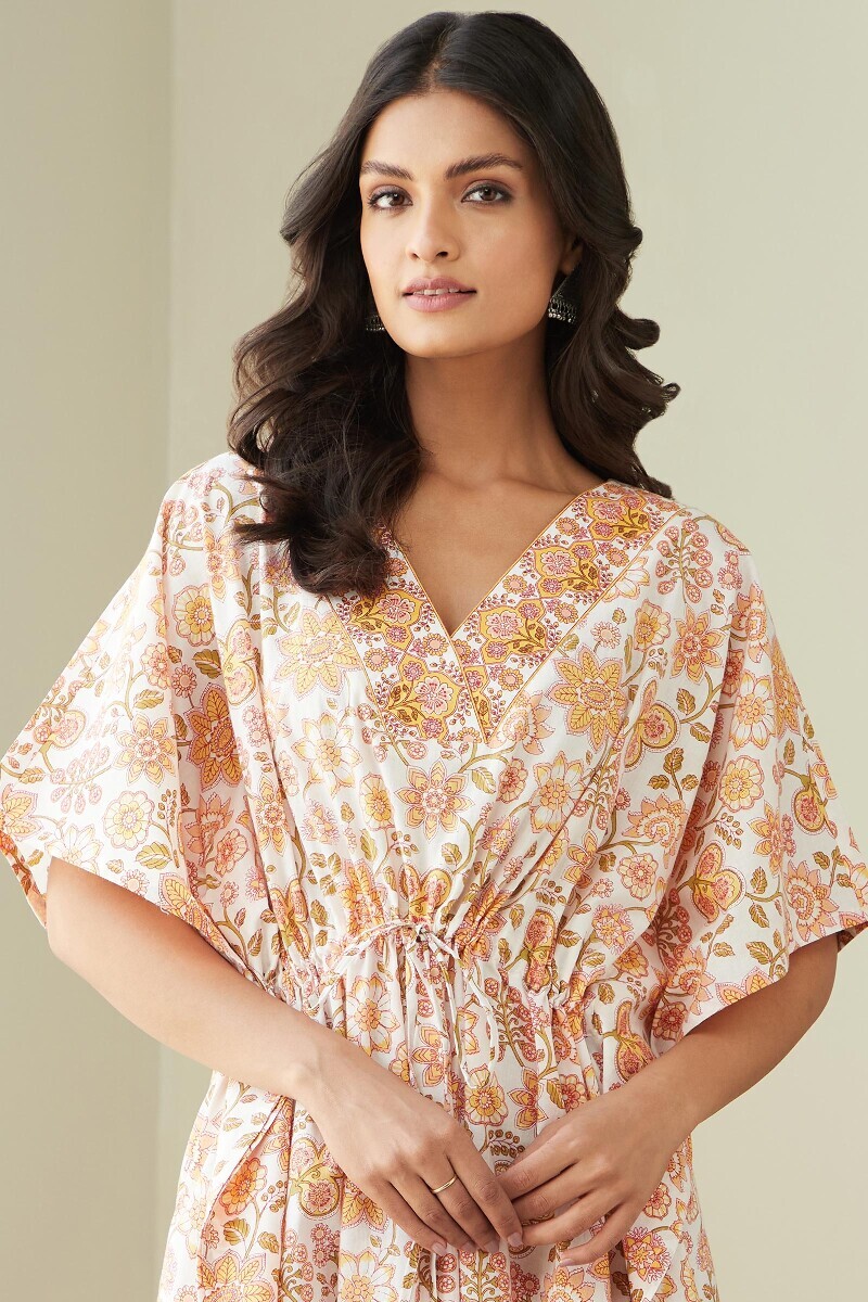 White Hand Printed Cotton Kaftan