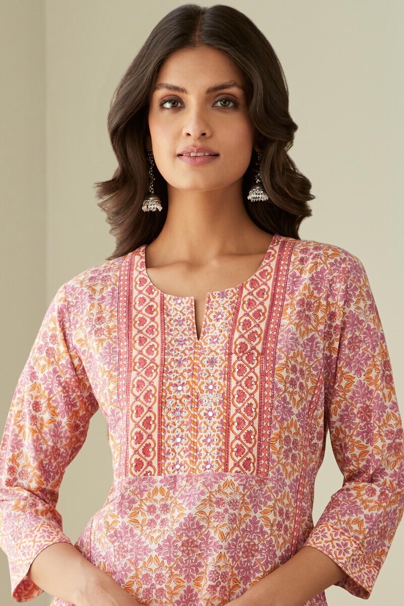 Cream Hand Block-Printed Straight Cotton Kurta