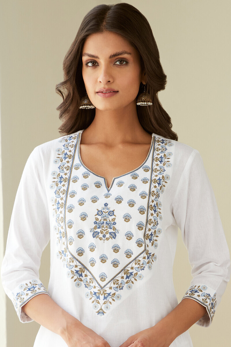White Handcrafted Straight Cotton Flax Kurta