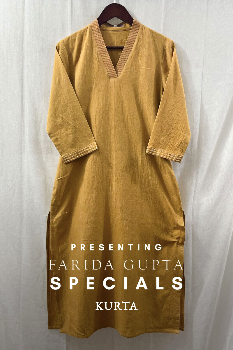 Yellow Handcrafted Straight Cotton Flax Kurta
