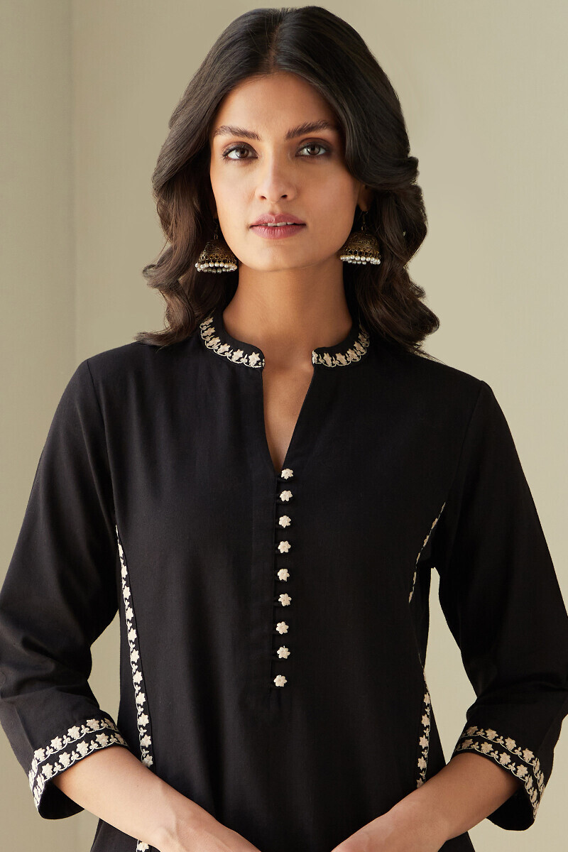 Black Handcrafted A-Line Cotton Flax Kurta