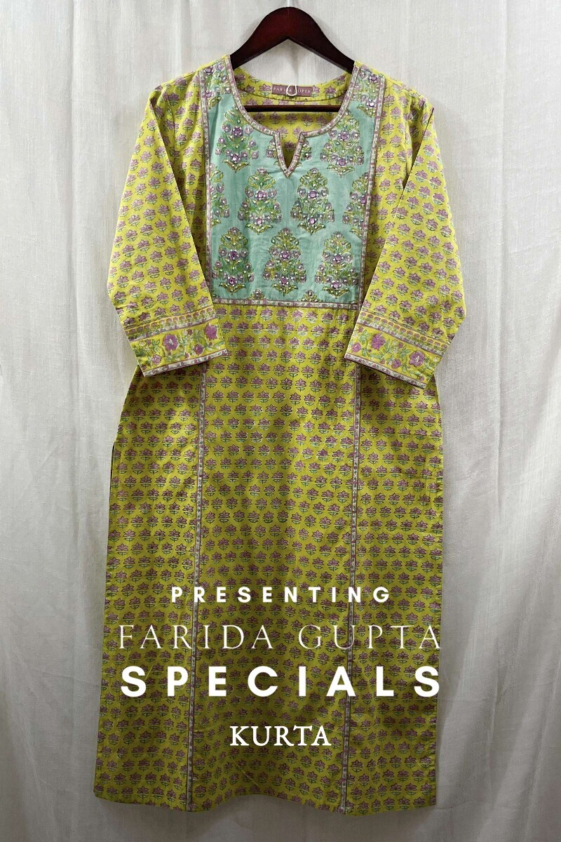 Yellow Hand Block-Printed Straight Cotton Kurta