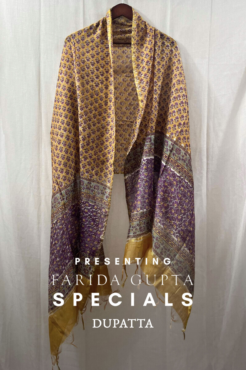 Yellow Hand Block-Printed Cotton Silk Dupatta
