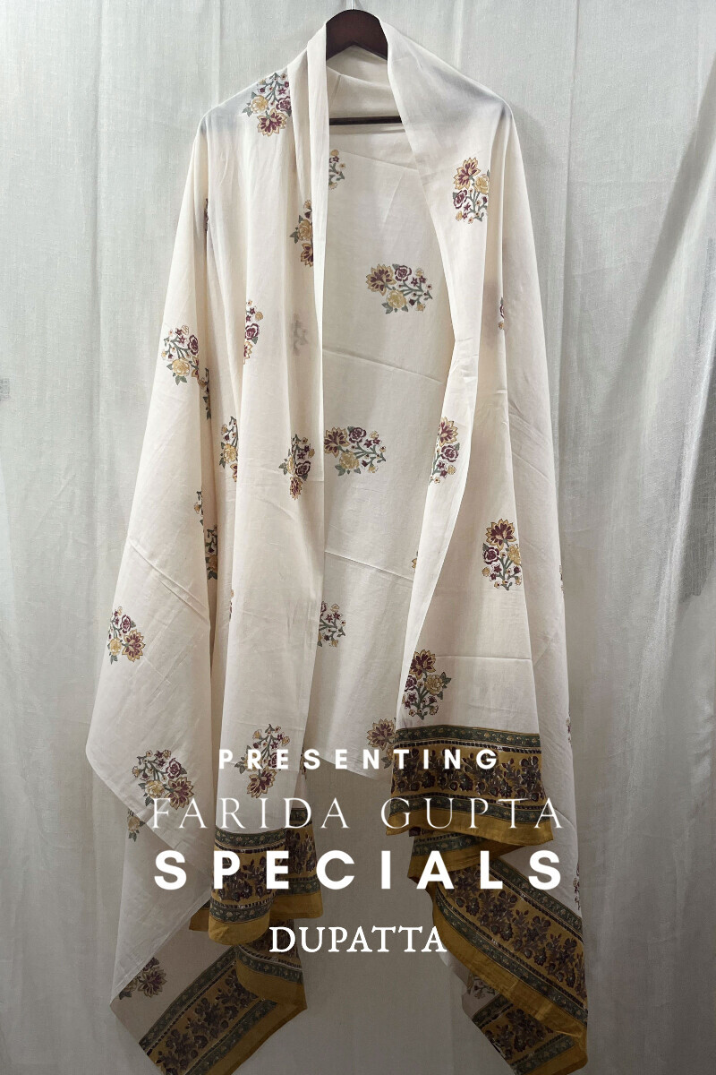 Cream Hand Block-Printed Cotton Mul Dupatta
