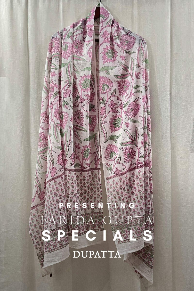White Hand Block-Printed Cotton Mul Dupatta