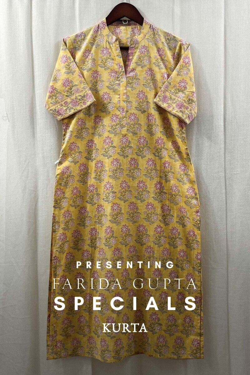 Yellow Hand Block-Printed Straight Cotton Slub Kurta