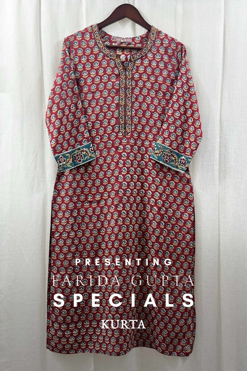 Red Hand Block-Printed Straight Modal Kurta