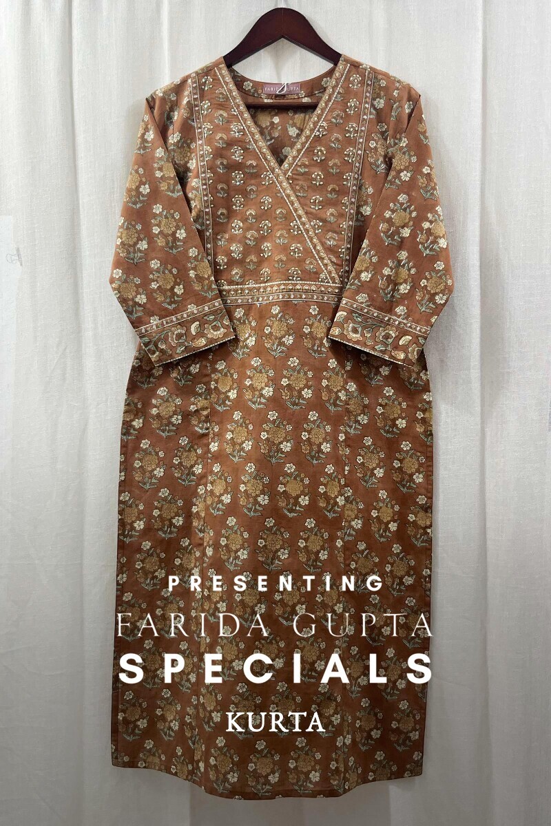 Brown Hand Block-Printed Straight Cotton Slub Kurta