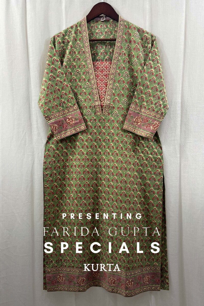 Green Hand Block-Printed Straight Cotton Kurta
