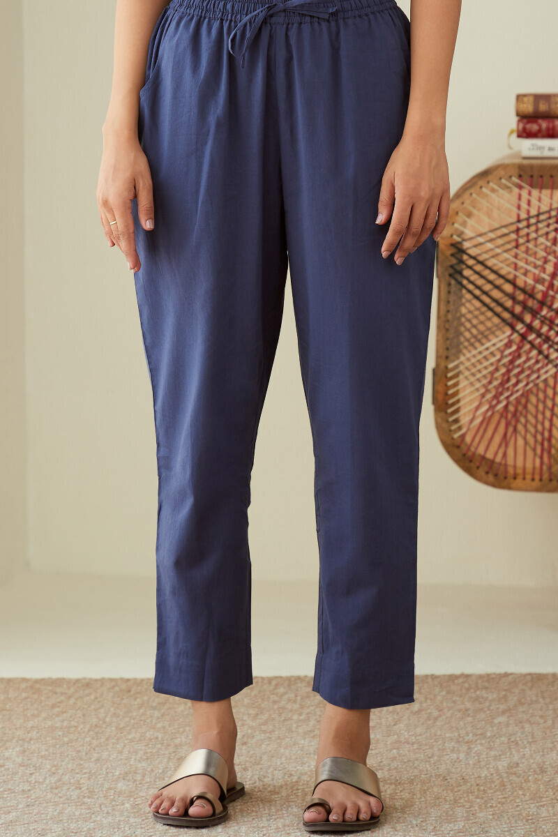 Blue Handcrafted Cotton Narrow Pants