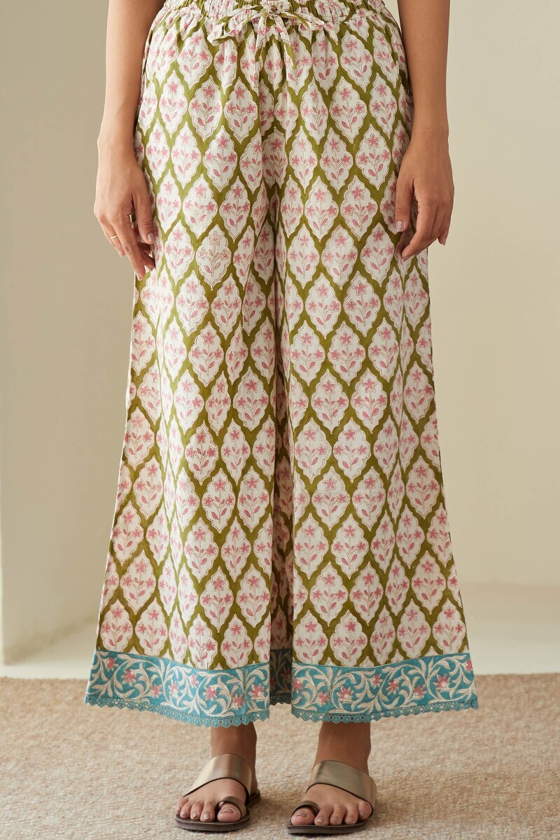 White Hand Block-Printed Cotton Palazzo