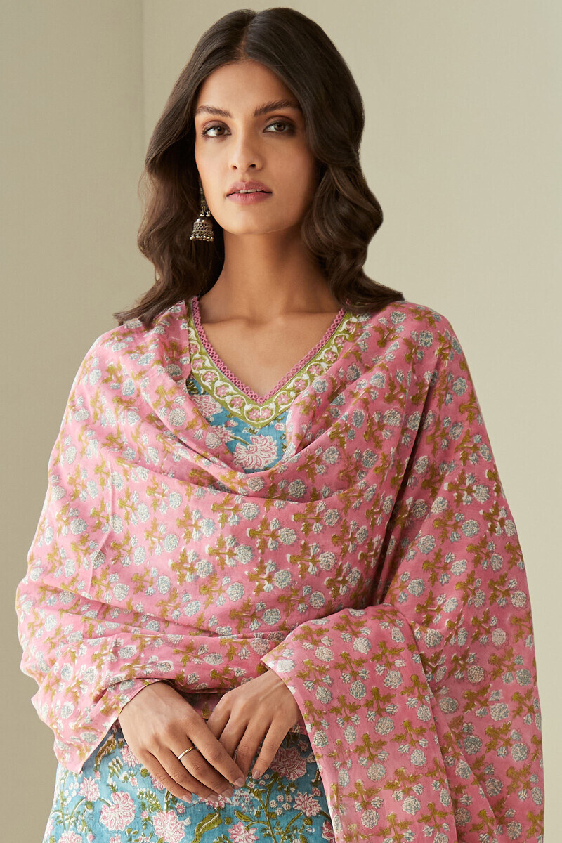 Pink Hand Block-Printed Cotton Mul Dupatta