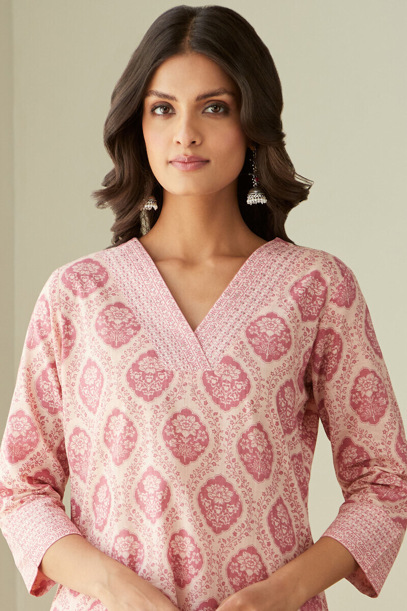 Pink Hand Printed Straight Cotton Slub Kurta