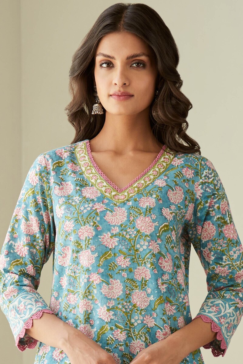 Blue Hand Block-Printed Straight Cotton Kurta