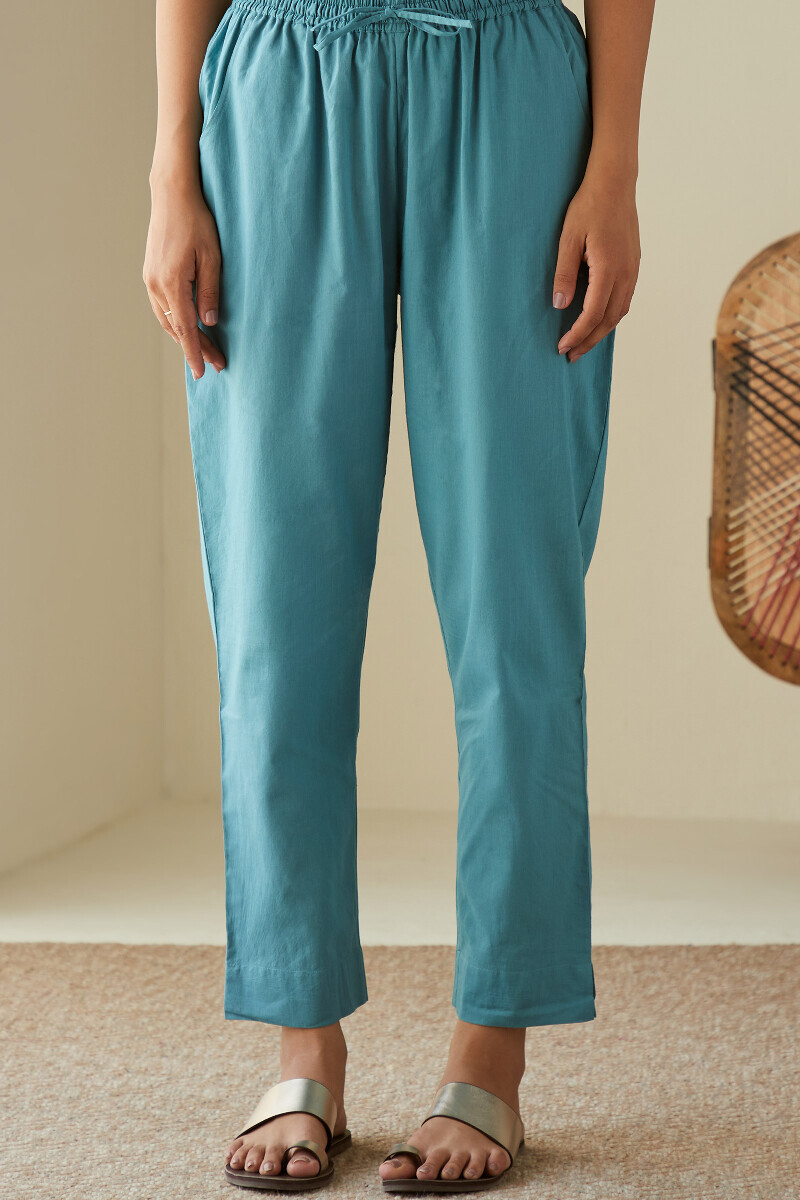 Blue Handcrafted Cotton Narrow Pants