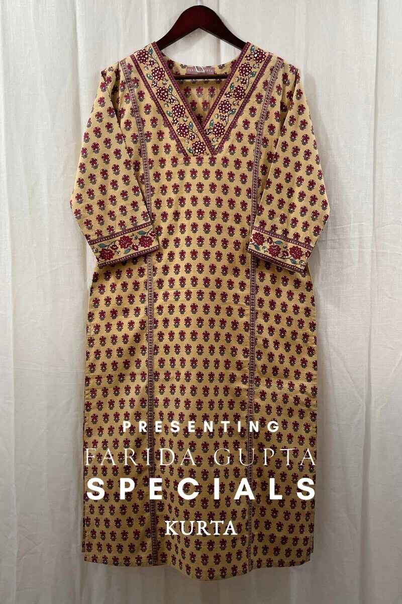 Yellow Hand Block-Printed Straight Cotton Kurta