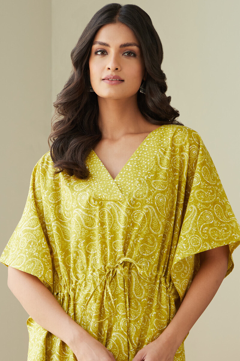 Green Hand Printed Cotton Kaftan
