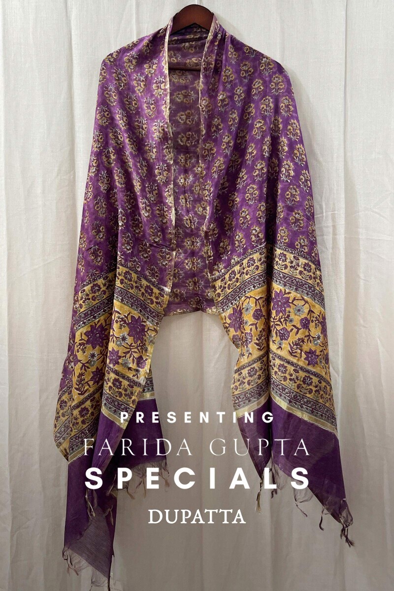 Yellow Hand Block-Printed Cotton Silk Dupatta