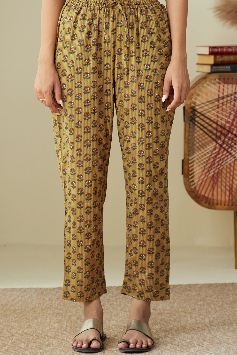 Mustard Hand Printed Cotton Dobby Narrow Pants