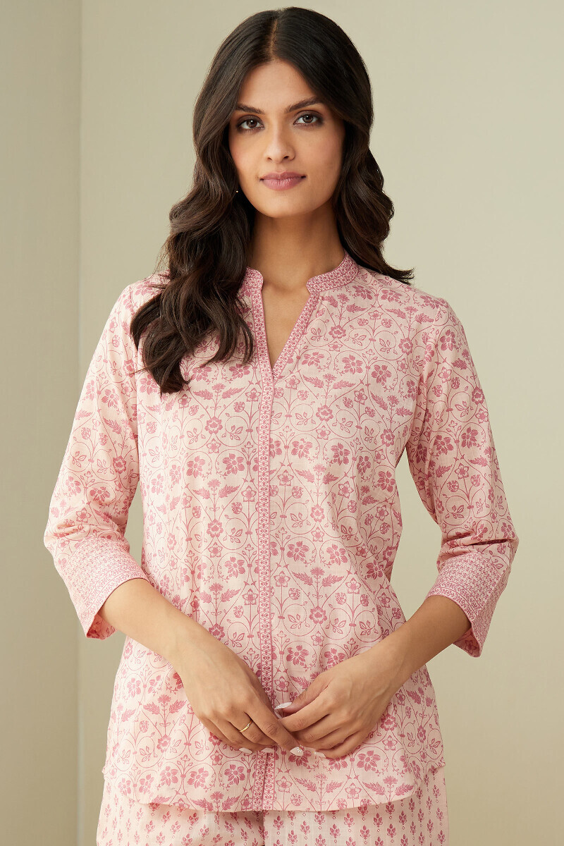 Pink Hand Printed Cotton Slub Loungewear Set
