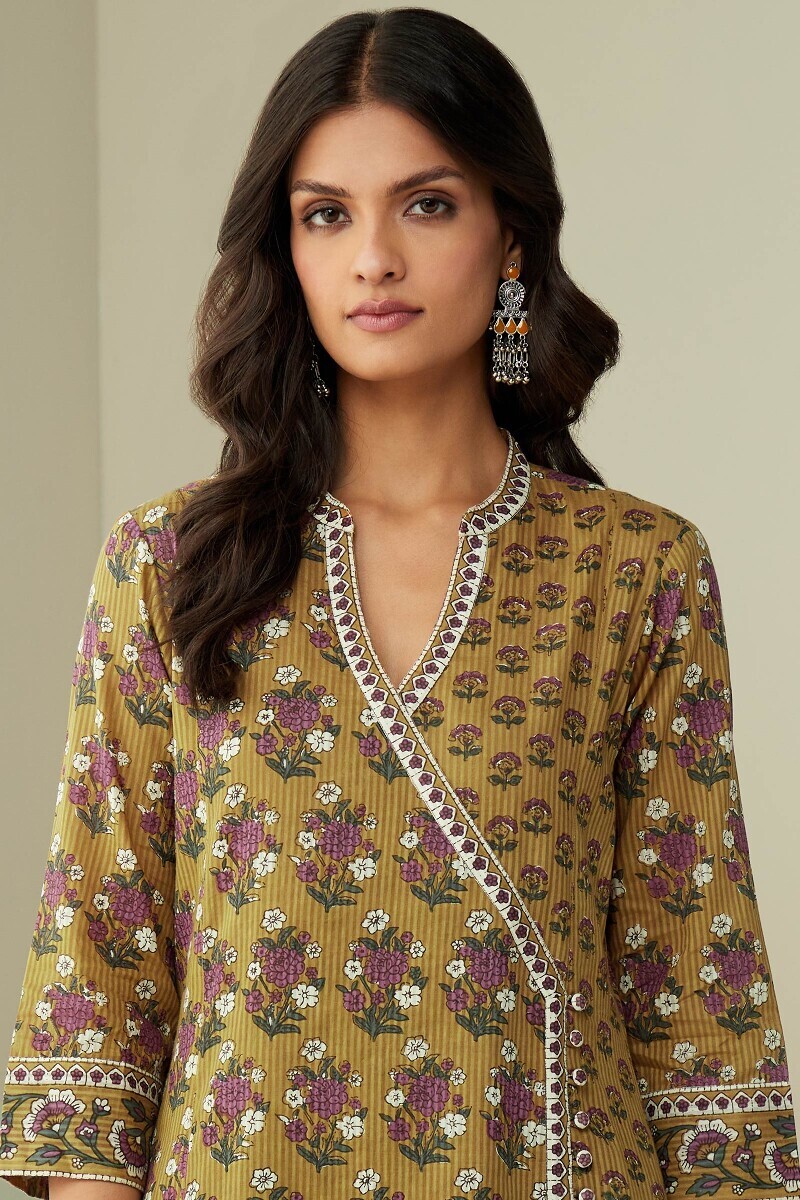 Mustard Hand Printed Angrakha Cotton Dobby Kurta