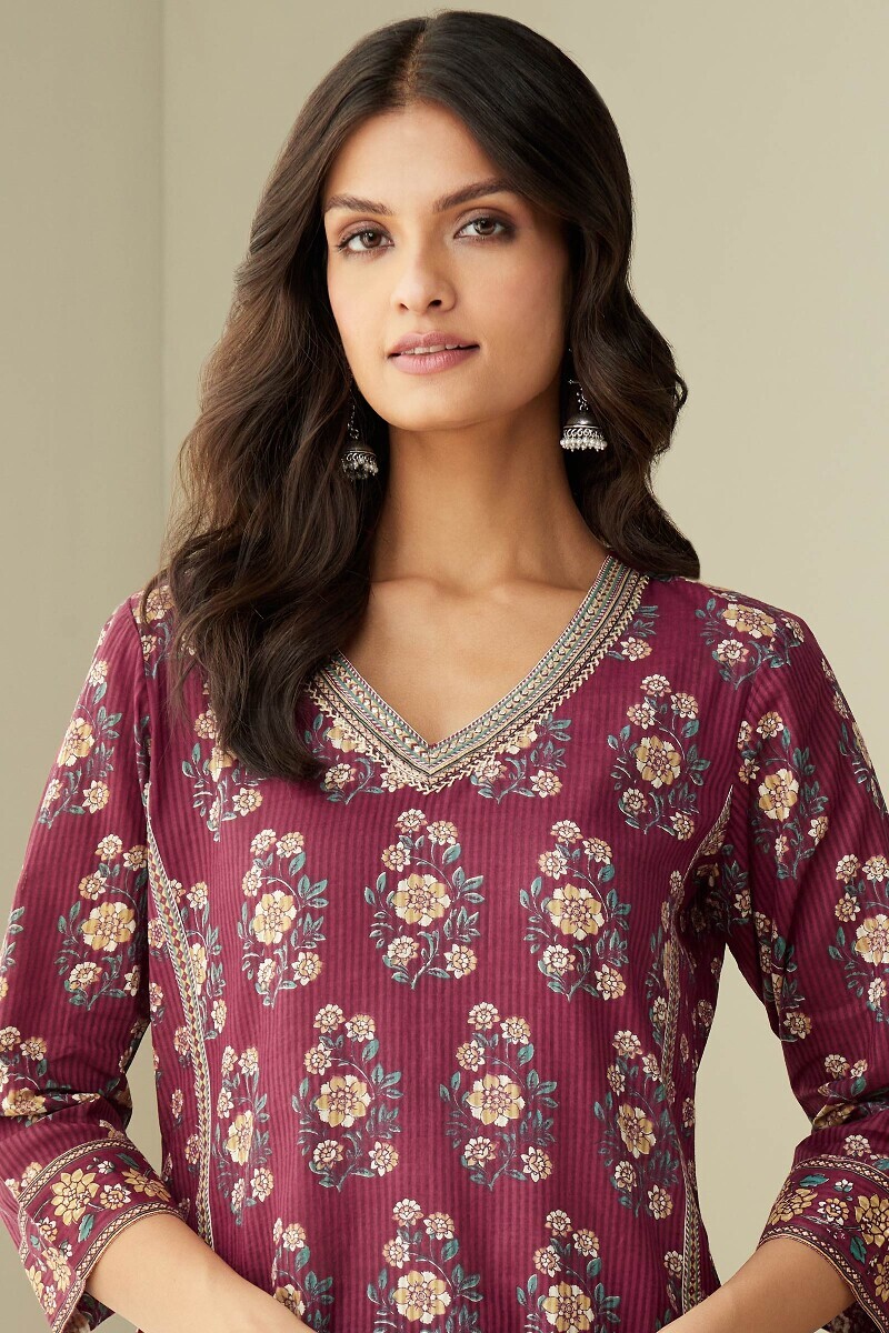 Red Hand Printed Straight Cotton Dobby Kurta