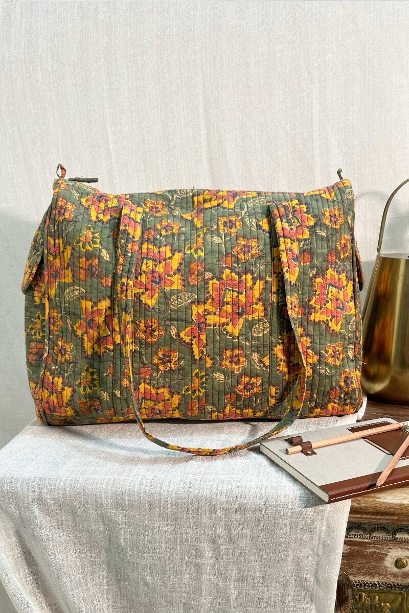 Green Hand Block-Printed Cotton Duffel Bag