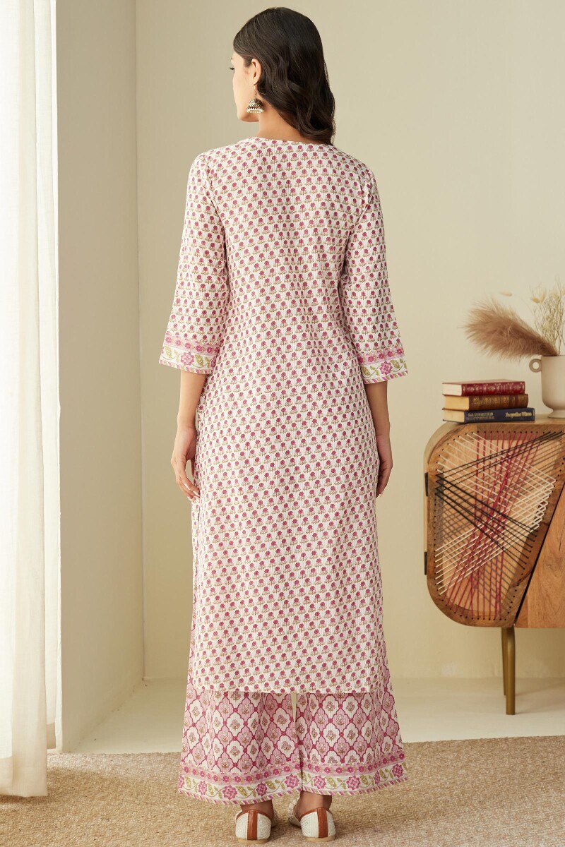 Pink Hand Printed Straight Cotton Dobby Kurta