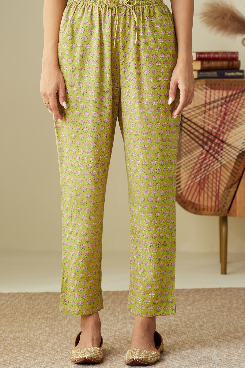 Yellow Hand Block-Printed Cotton Narrow Pants