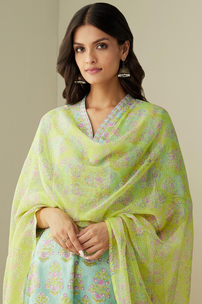 Yellow Hand Block-Printed Kota Dupatta