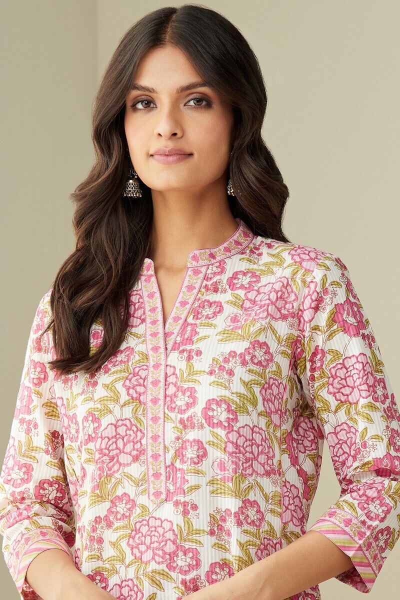 White Hand Printed Straight Cotton Kurta