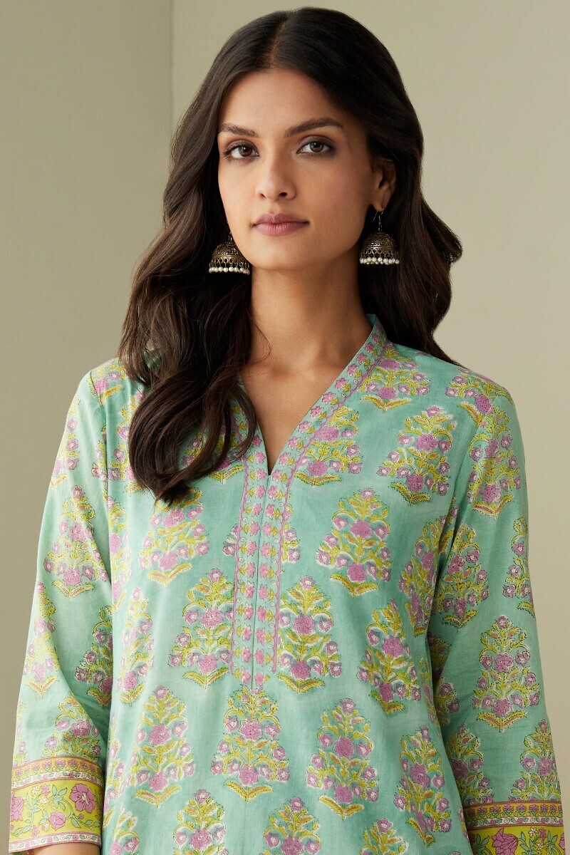 Green Hand Block-Printed Straight Cotton Kurta
