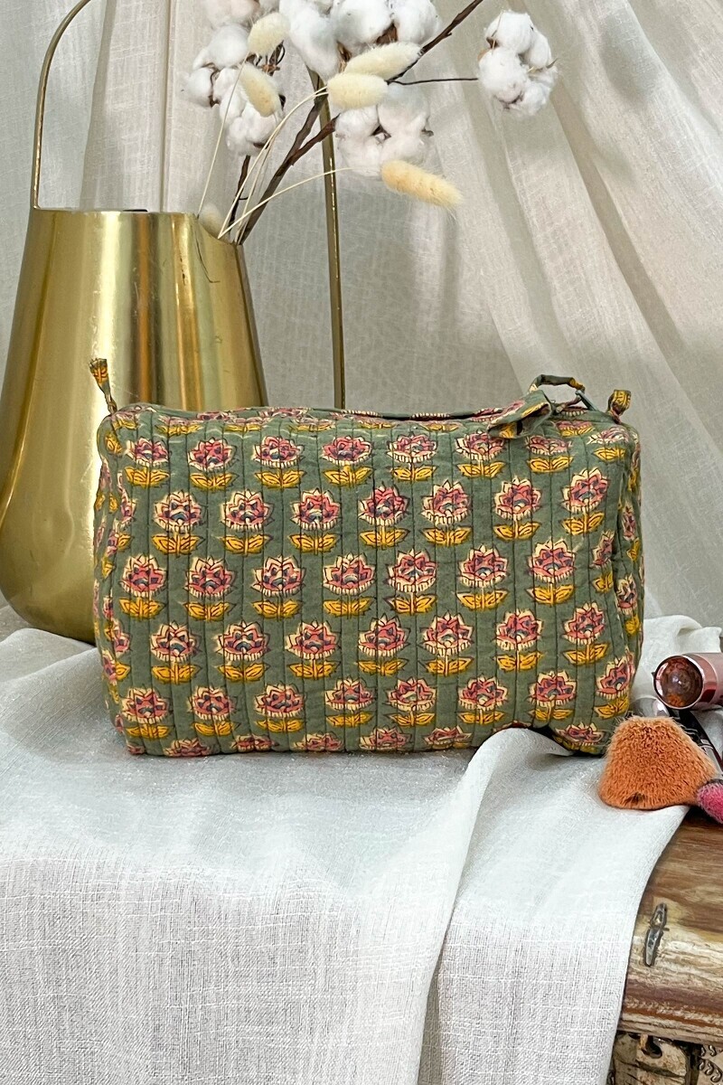 Green Hand Block-Printed Cotton Vanity Pouch