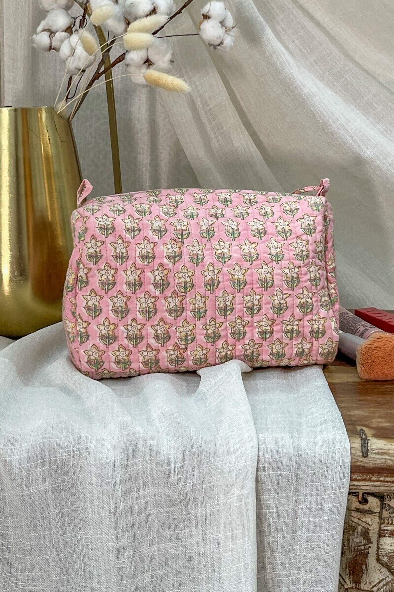 Pink Hand Block-Printed Cotton Vanity Pouch