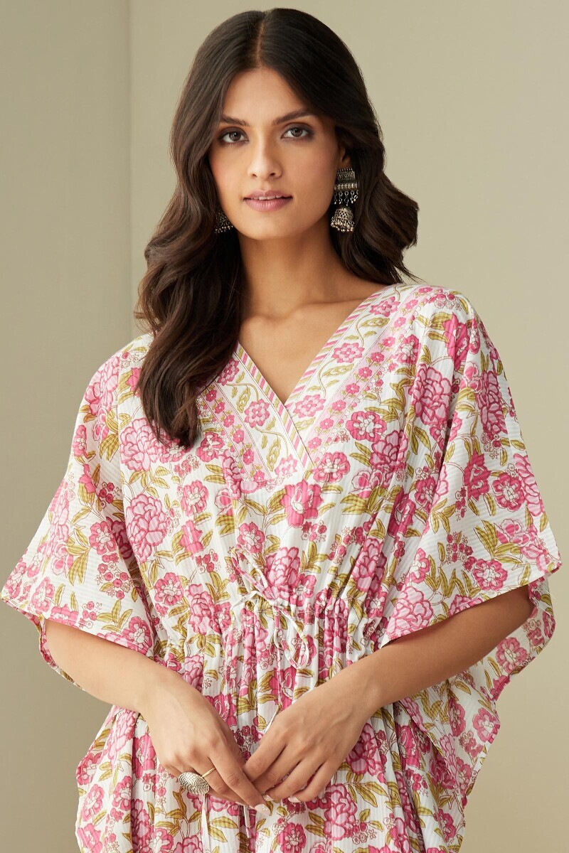 White Hand Printed Cotton Dobby Kaftan