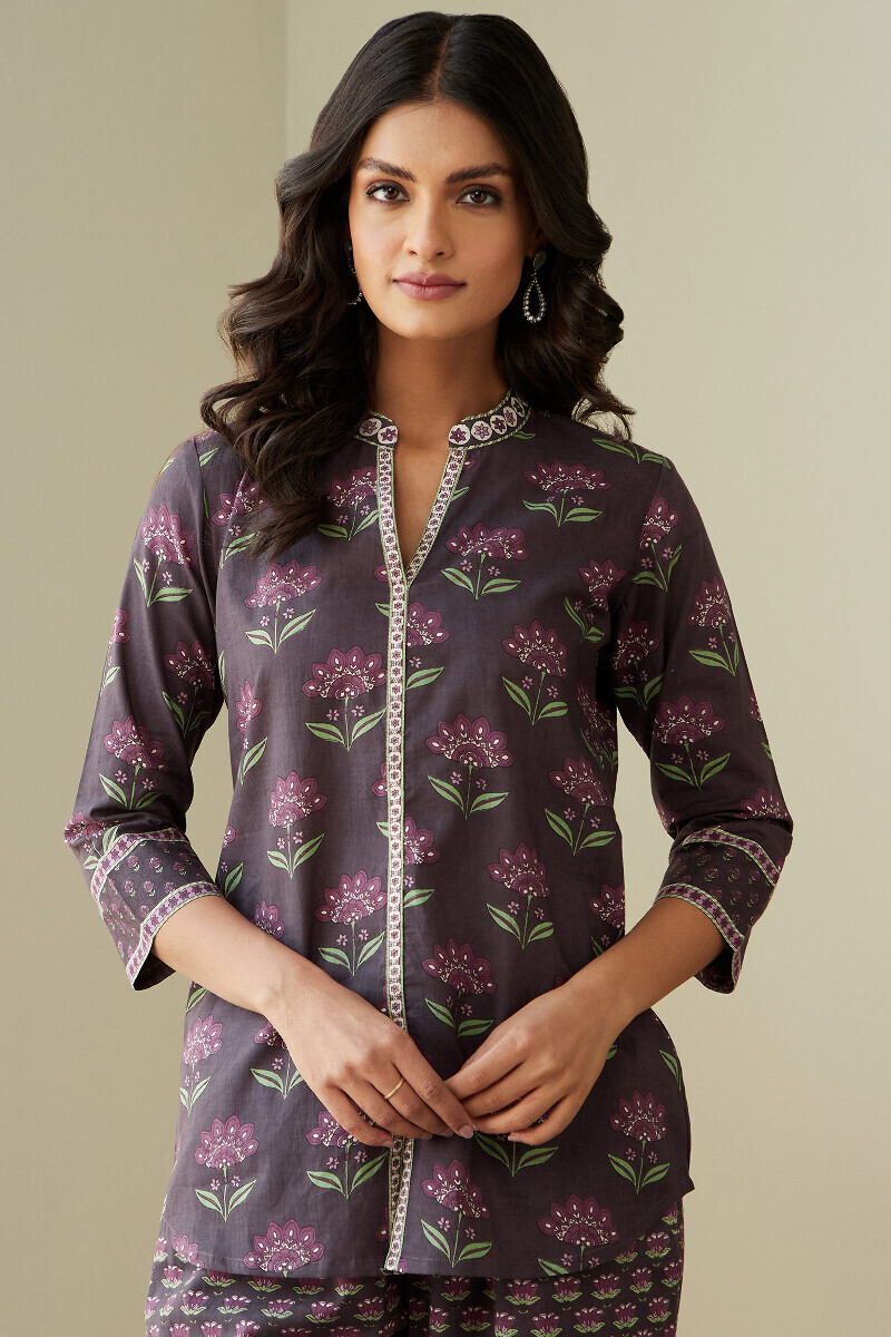 Purple Hand Printed Cotton Loungewear Set