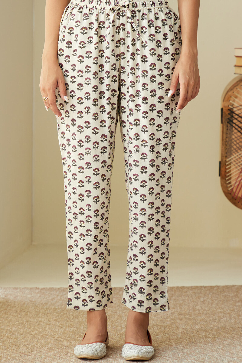 Cream Hand Printed Cotton Narrow Pants