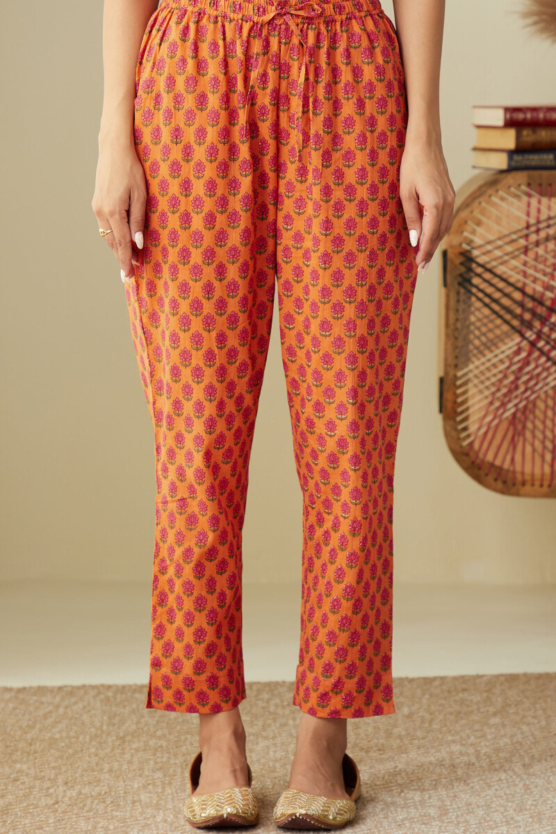 Orange Hand Printed Cotton Narrow Pants