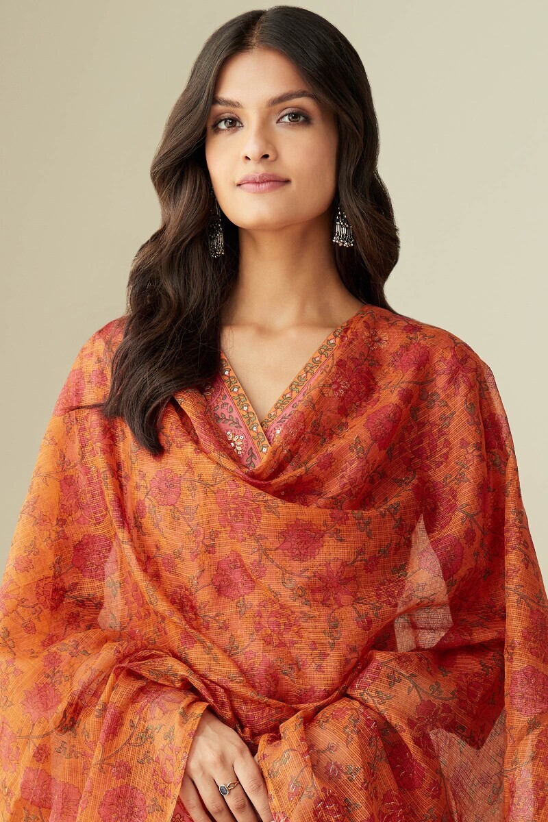 Orange Hand Printed Kota Dupatta