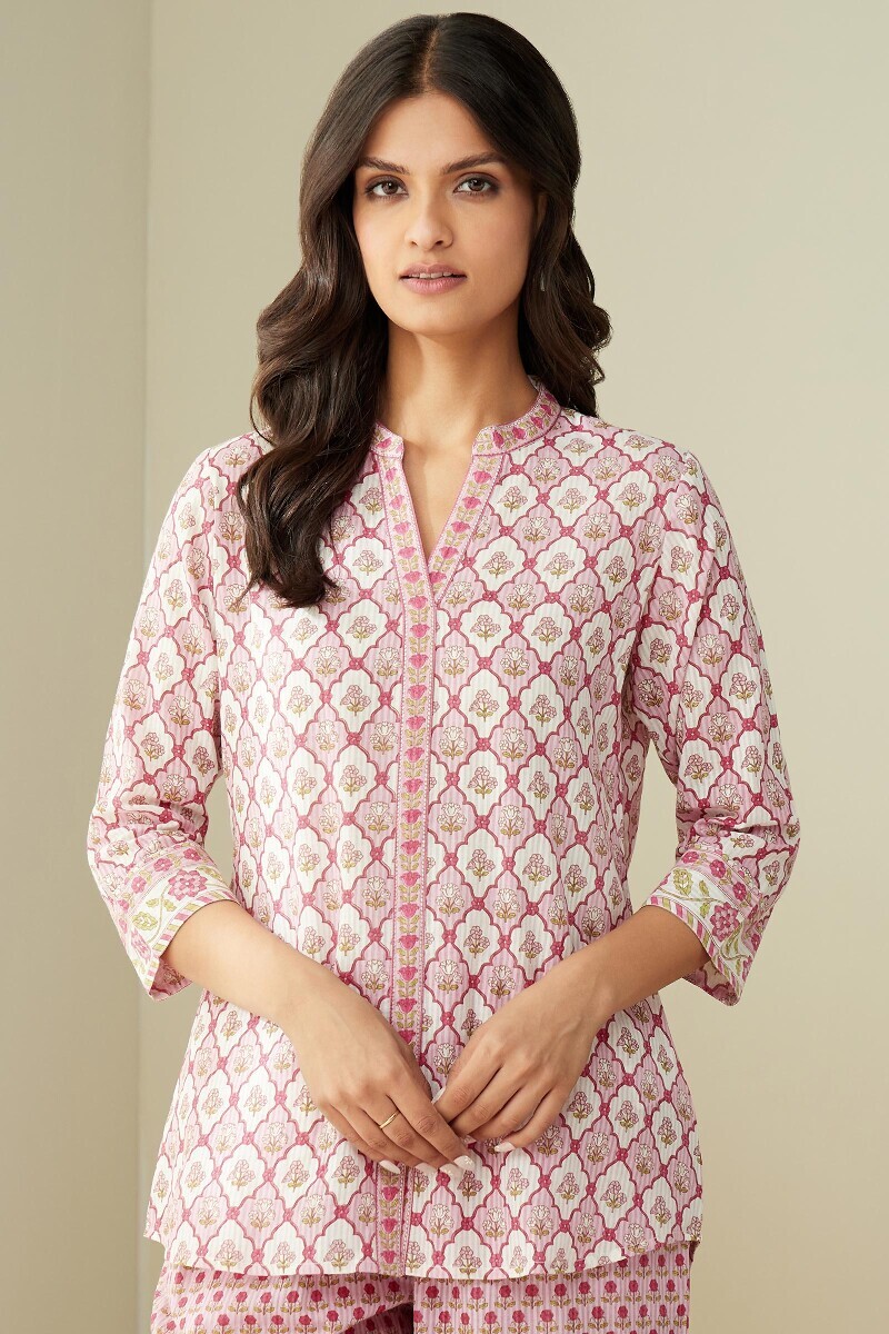 White Hand Printed Straight Cotton Dobby Loungewear Set