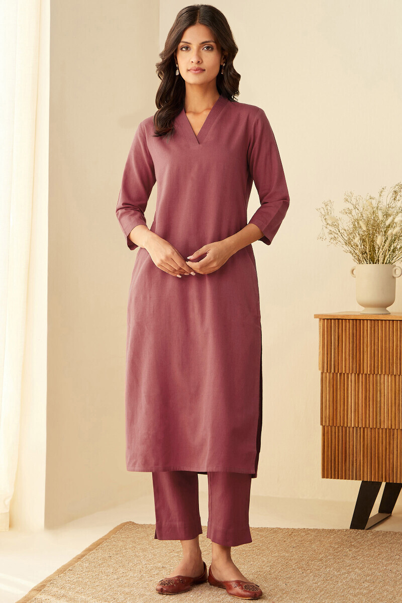 Ruby Pink Handcrafted Straight Cotton Flax Kurta