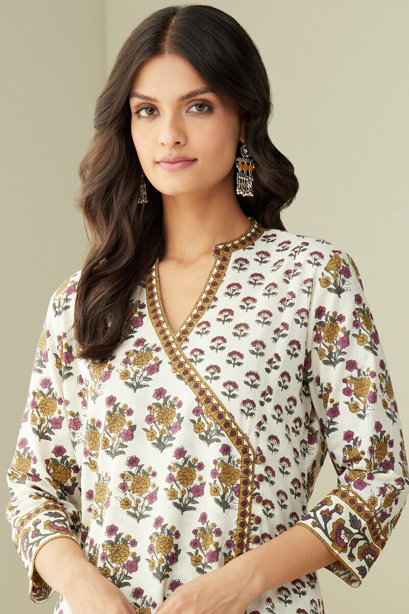 Cream Hand Printed Angrakha Cotton Kurta
