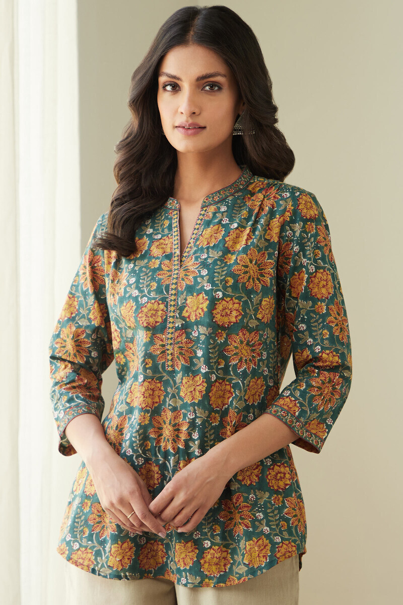 Green Hand Block-Printed Cotton Top