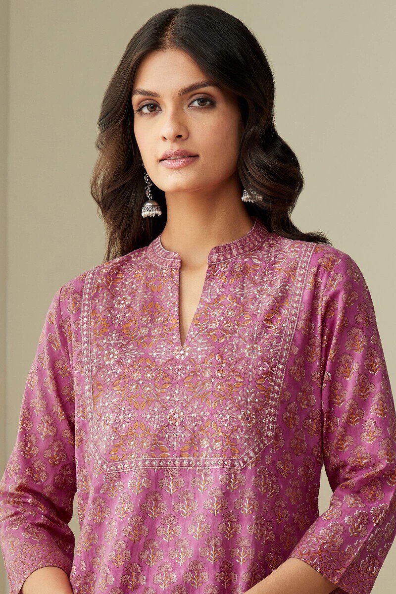 Purple Hand Block-Printed Straight Cotton Kurta